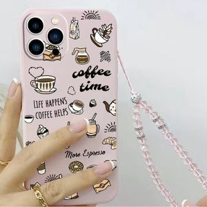 PINK Iphone 13 Case Coffee Theme with Bracelet